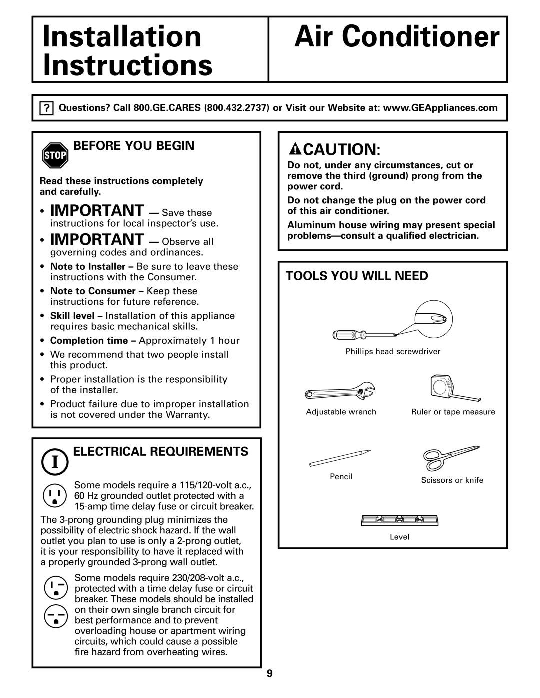 GE ASH10, ASH12 installation instructions Before YOU Begin, Electrical Requirements, Tools YOU will Need 