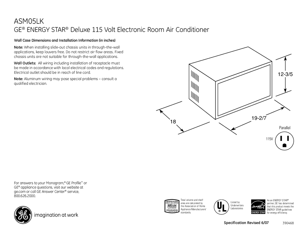 GE ASM05LK dimensions 12-3/5 19-2/7, Parallel, Wall Case Dimensions and Installation Information in inches 