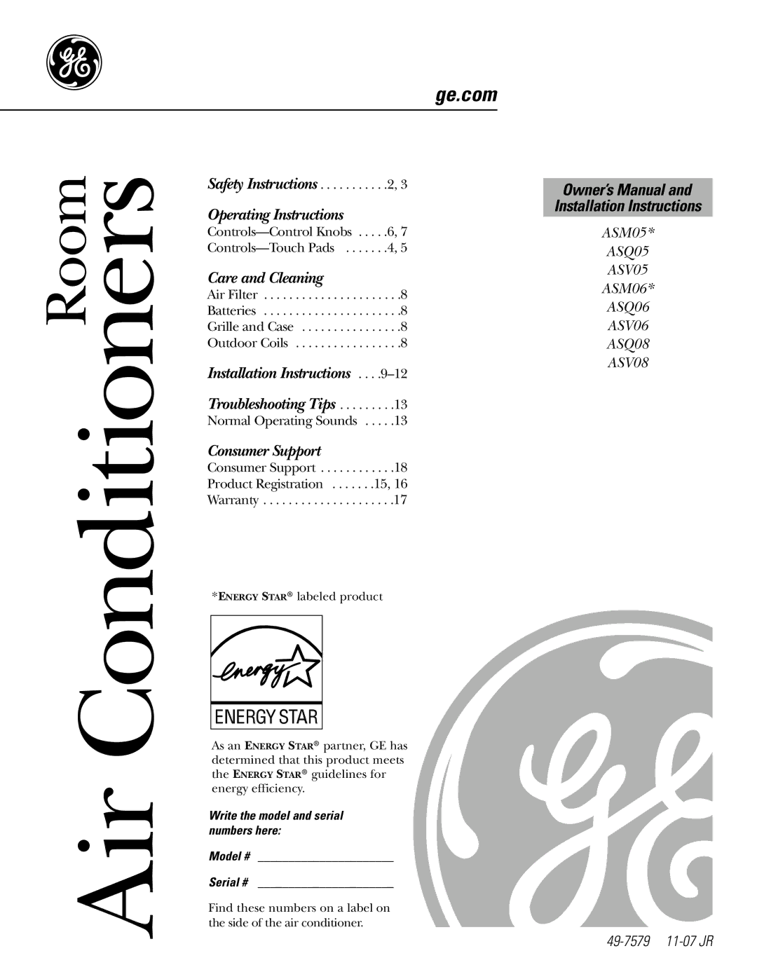 GE ASM06* installation instructions Air Conditioners, Write the model and serial numbers here Model # Serial # 