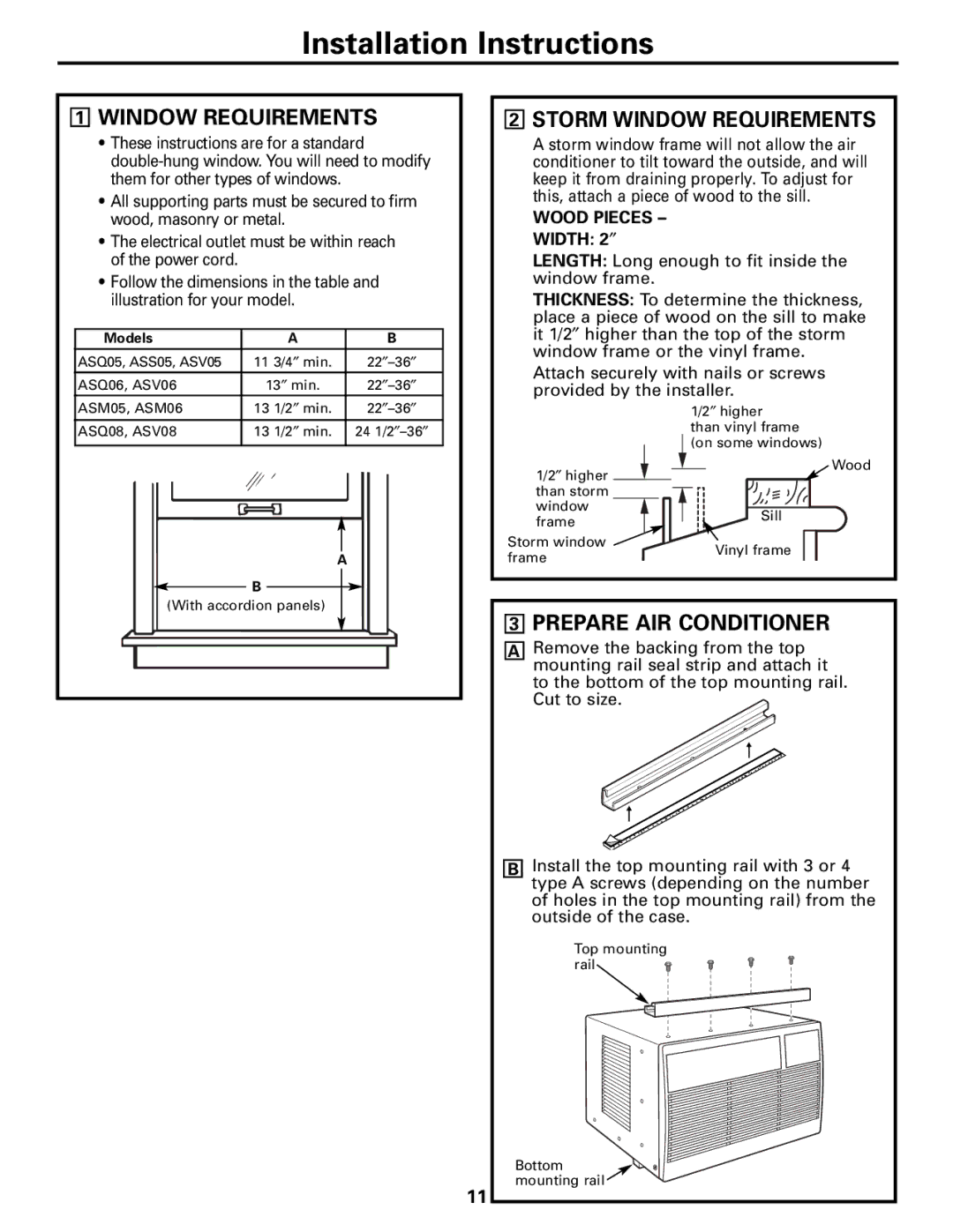 GE ASM06* installation instructions Storm Window Requirements, Prepare AIR Conditioner 