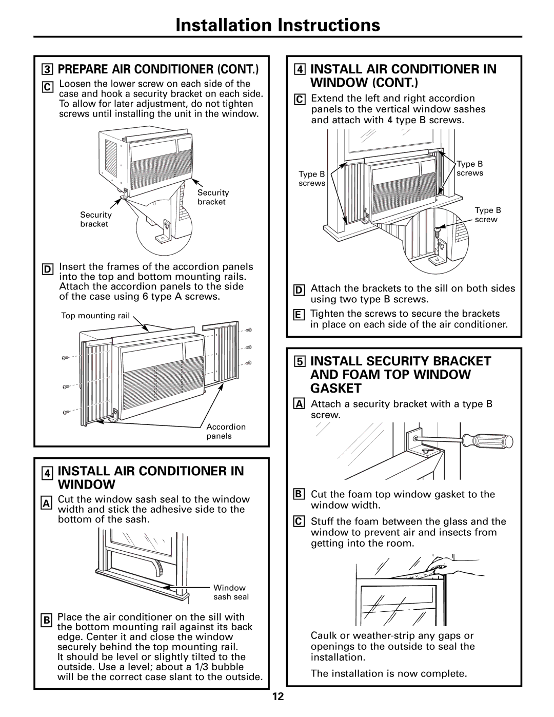 GE ASM06* installation instructions Install AIR Conditioner in Window, Install Security Bracket and Foam TOP Window Gasket 