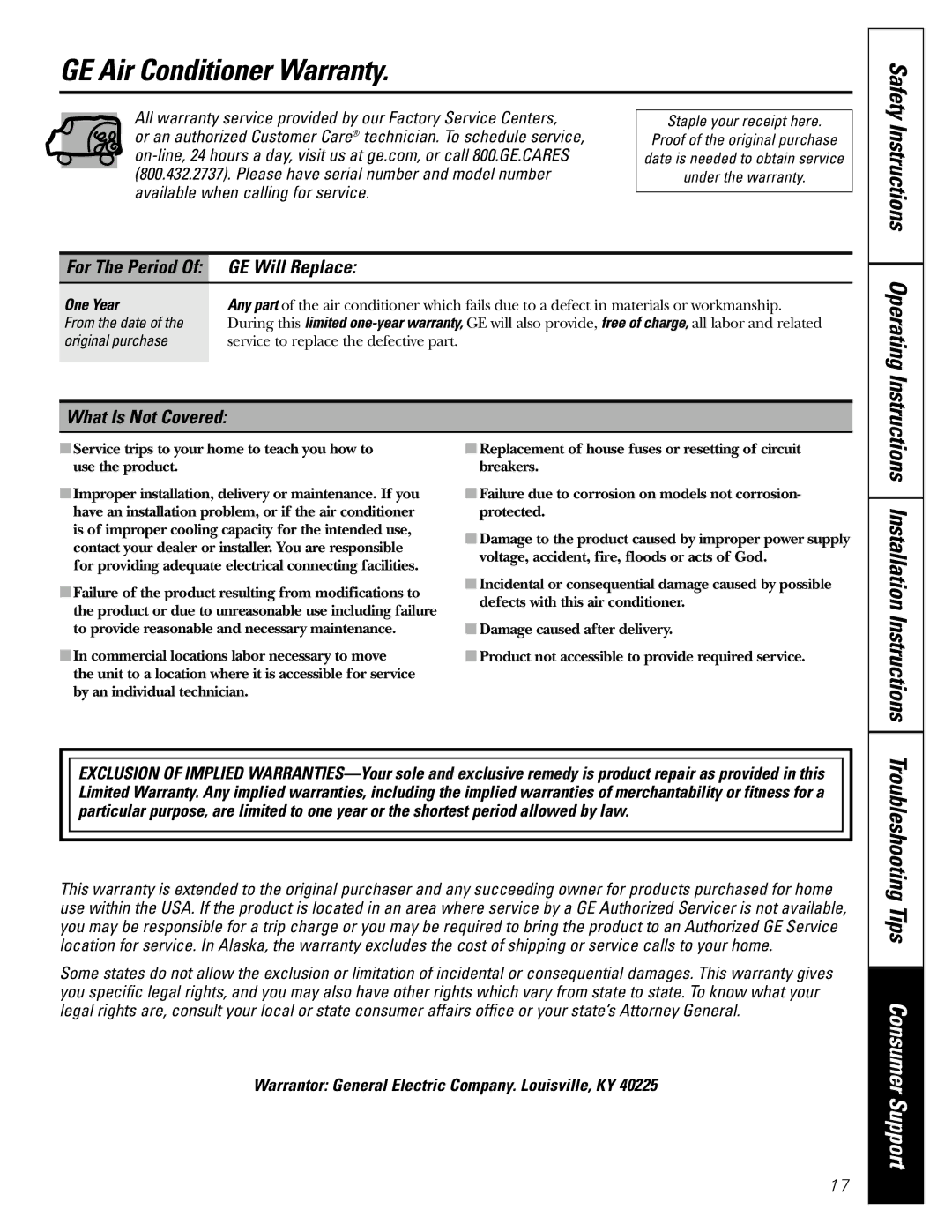 GE ASM06* installation instructions GE Air Conditioner Warranty, GE Will Replace, What Is Not Covered 