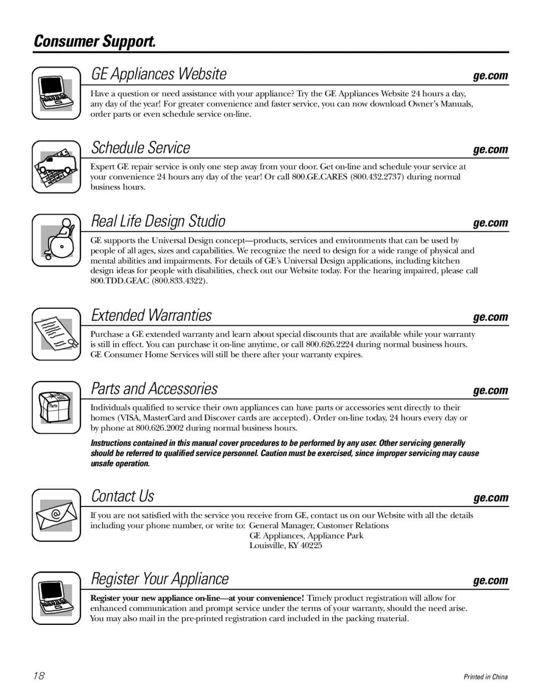 GE ASM06* Consumer Support GE Appliances Website, Schedule Service, Real Life Design Studio, Extended Warranties 