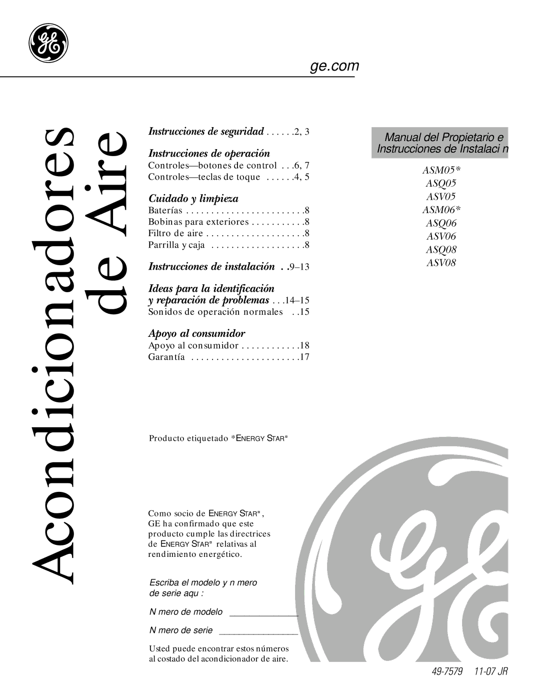 GE ASM06* installation instructions Acondicionadores de Aire 