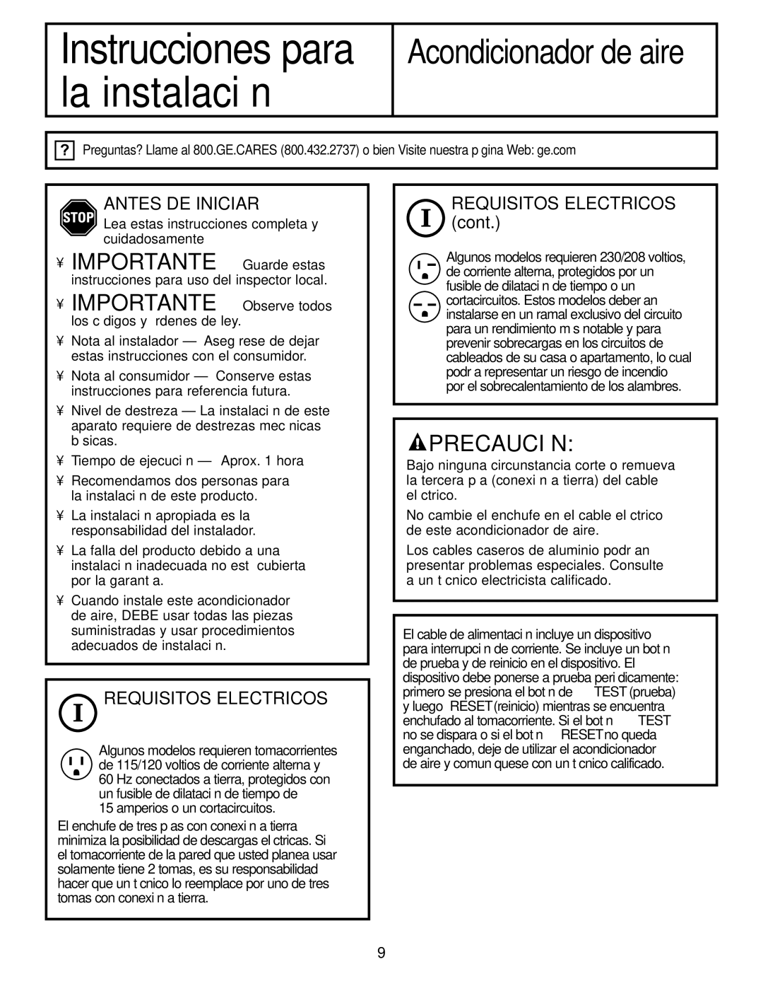 GE ASM06* installation instructions Antes DE Iniciar, Requisitos Electricos 