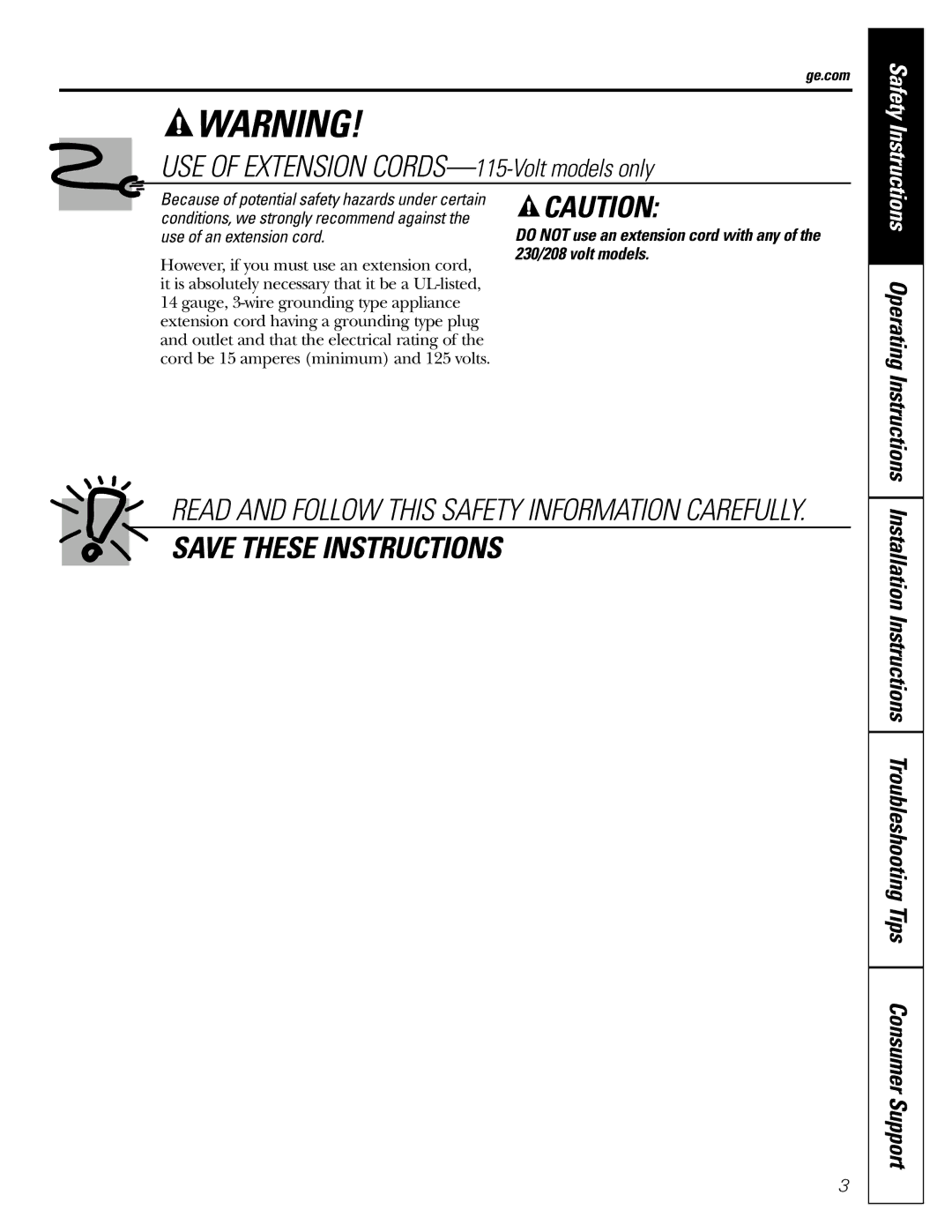 GE ASM06* installation instructions USE of Extension CORDS-115-Volt models only, Ge.com 