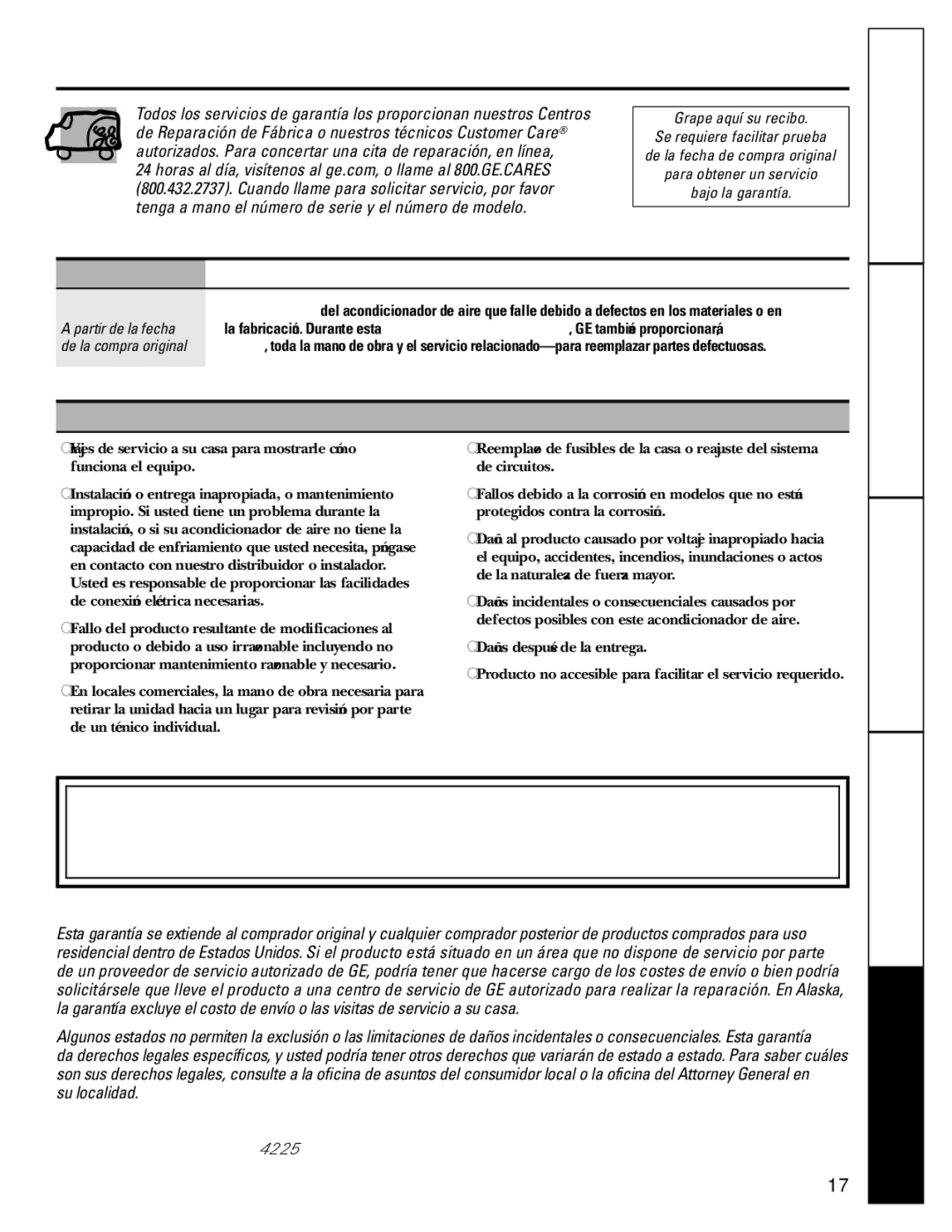 GE ASM06* Garantía de su acondicionador de aire de GE, GE reemplazará, Lo que no está cubierto, Un año 