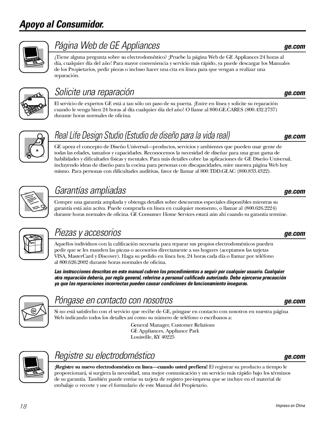 GE ASM06* Apoyo al Consumidor Página Web de GE Appliances, Solicite una reparación, Garantías ampliadas 