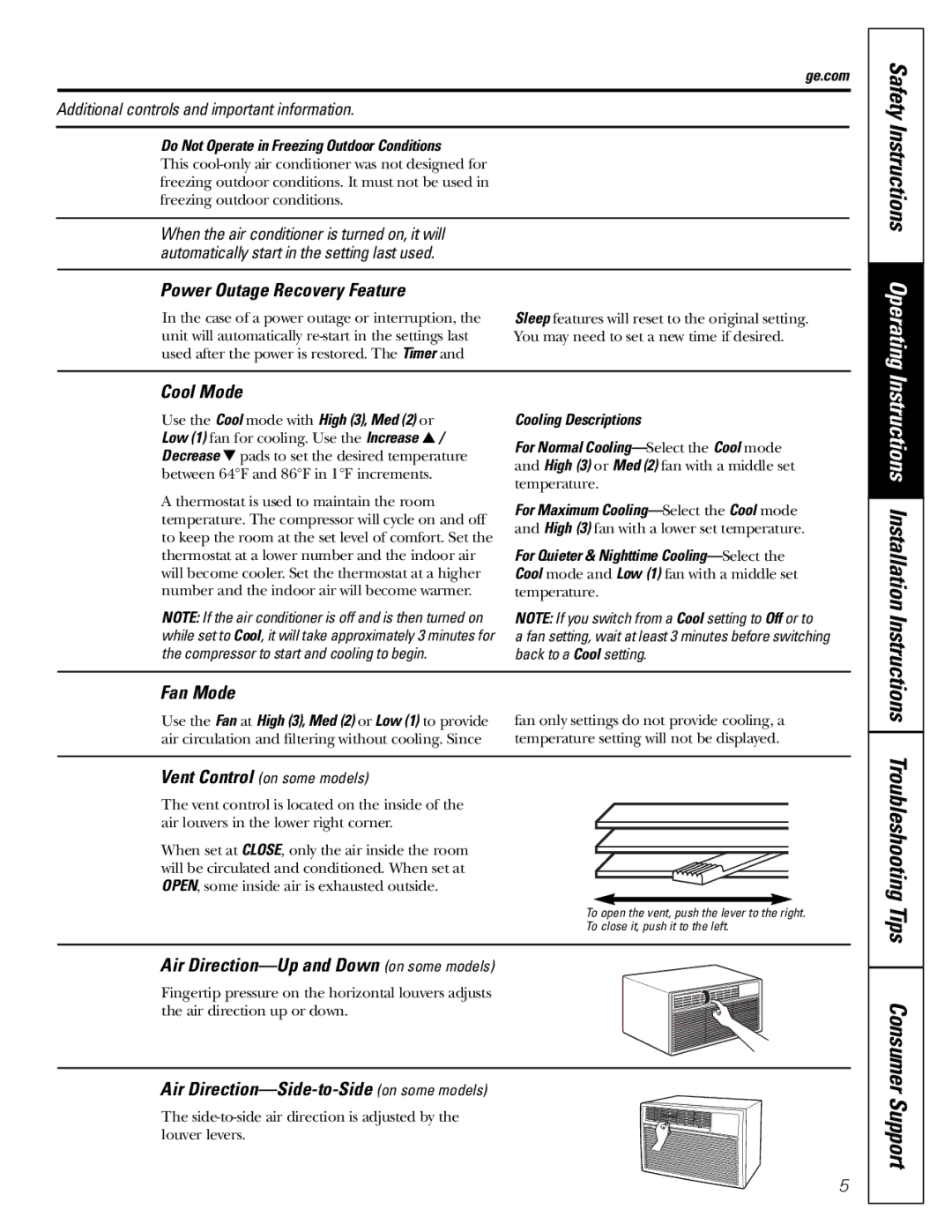 GE ASM06* Troubleshooting Tips Consumer Support, Power Outage Recovery Feature, Cool Mode, Fan Mode 