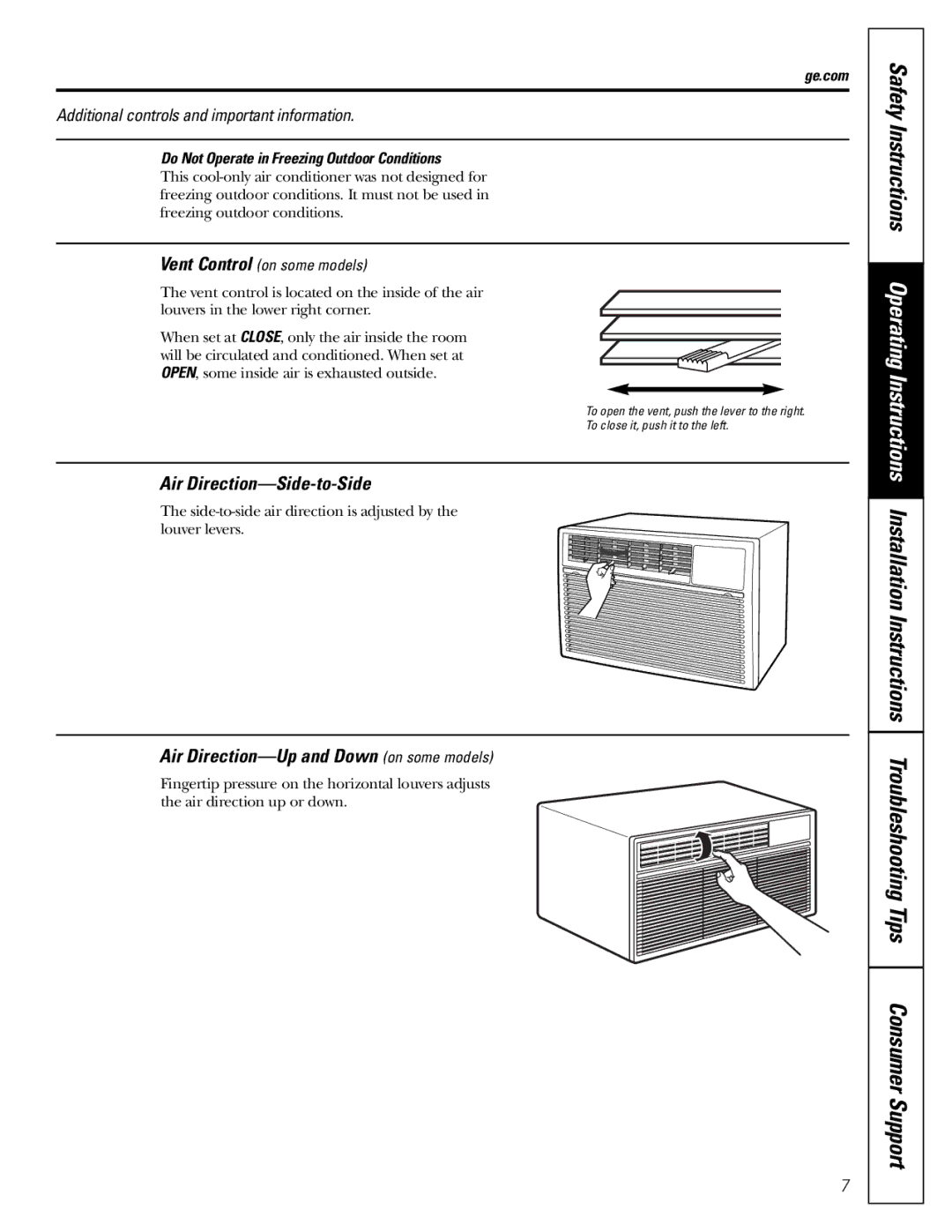 GE ASM06* installation instructions Air Direction-Side-to-Side, Air Direction-Up and Down on some models 