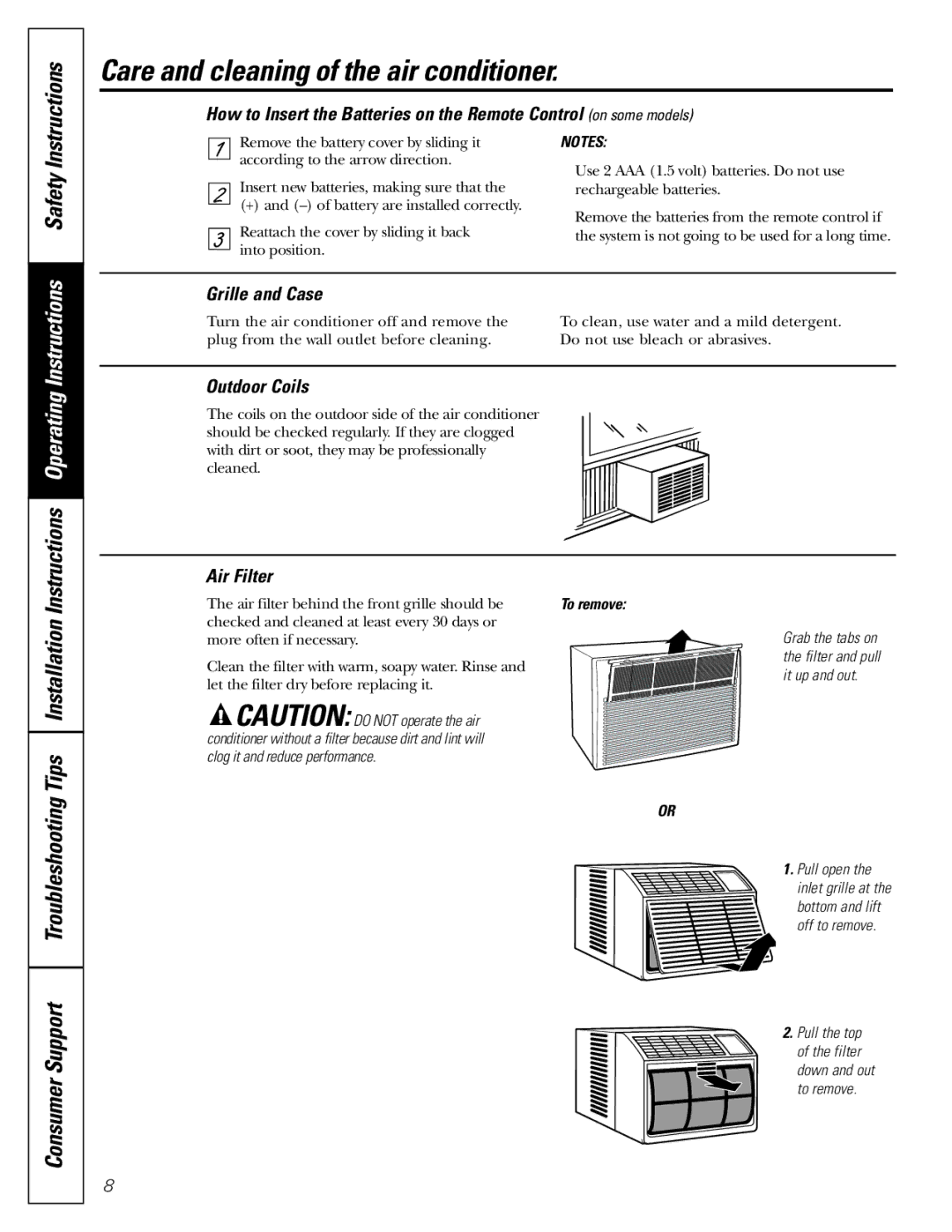 GE ASM06* installation instructions Care and cleaning of the air conditioner, Instructions, Safety, Tips Installation 