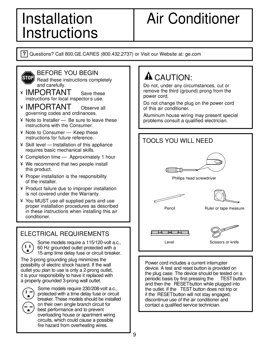 GE ASM06* installation instructions Before YOU Begin, Electrical Requirements, Tools YOU will Need 