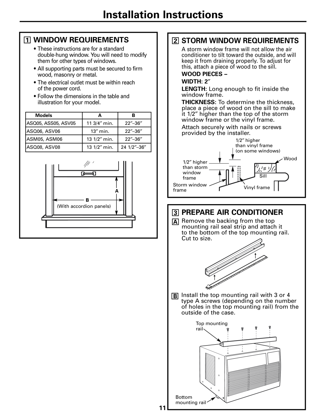 GE ASM06* Installation Instructions, 1WINDOW REQUIREMENTS, 2STORM WINDOW REQUIREMENTS, 3PREPARE AIR CONDITIONER 