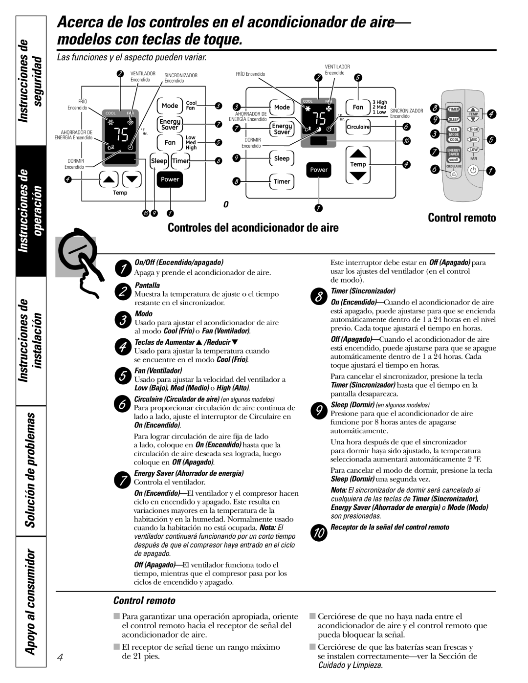 GE ASM06* installation instructions operación, Apoyo al, Instrucciones de, instalación, Control remoto, Cuidado y Limpieza 