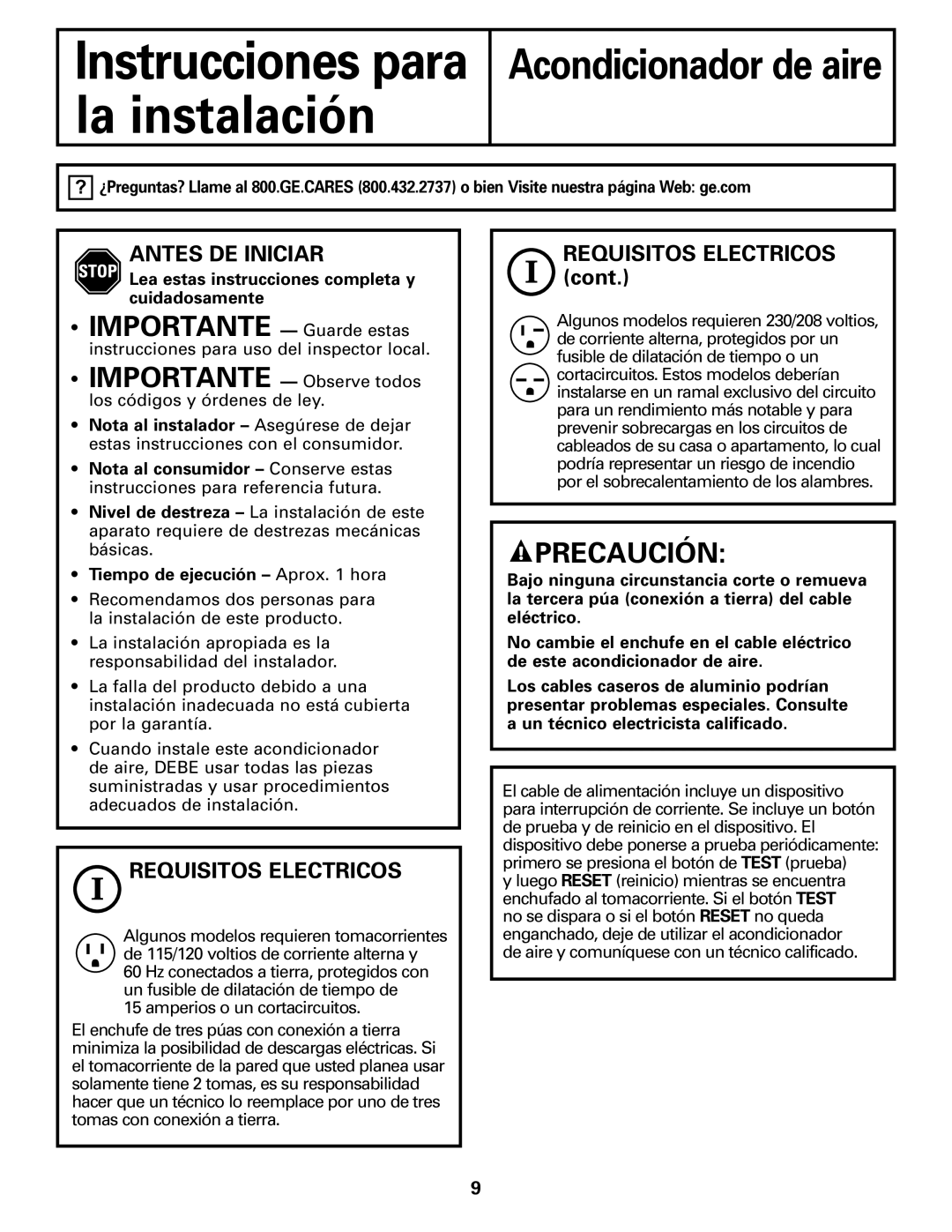 GE ASM06* installation instructions Precaución, Instrucciones para la instalación, Acondicionador de aire 