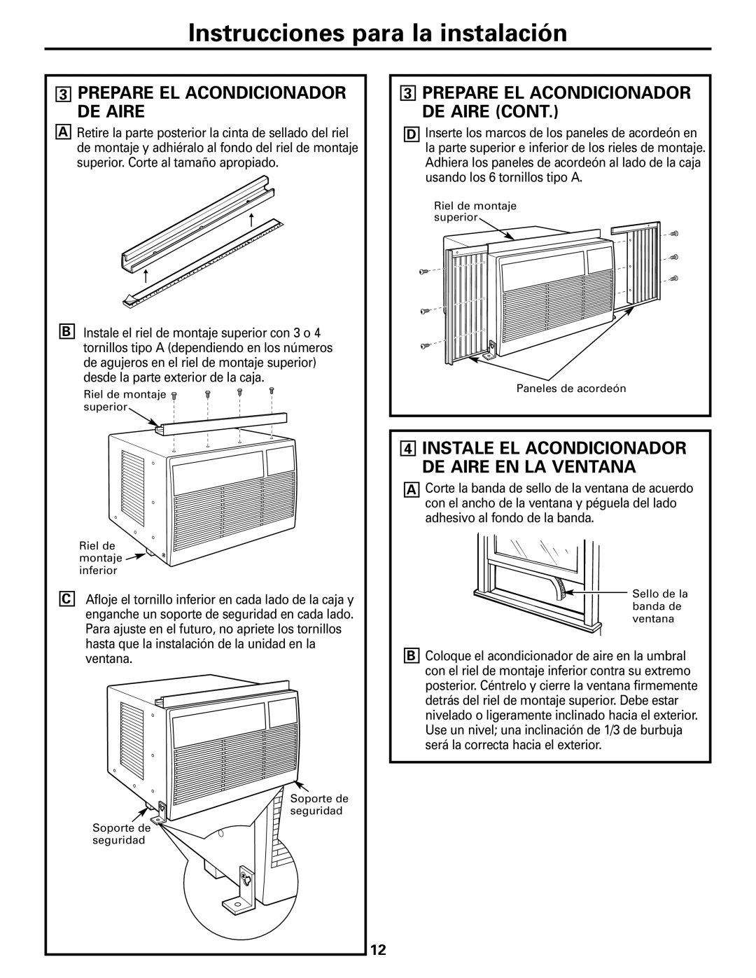 GE ASM06* installation instructions Instrucciones para la instalación, 3PREPARE EL ACONDICIONADOR DE AIRE CONT 