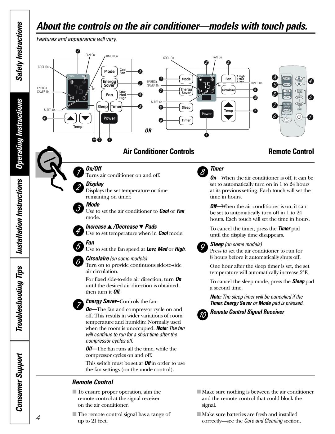 GE ASM06* Operating Instructions Safety Instructions, Consumer, Remote Control, Circulaire on some models 