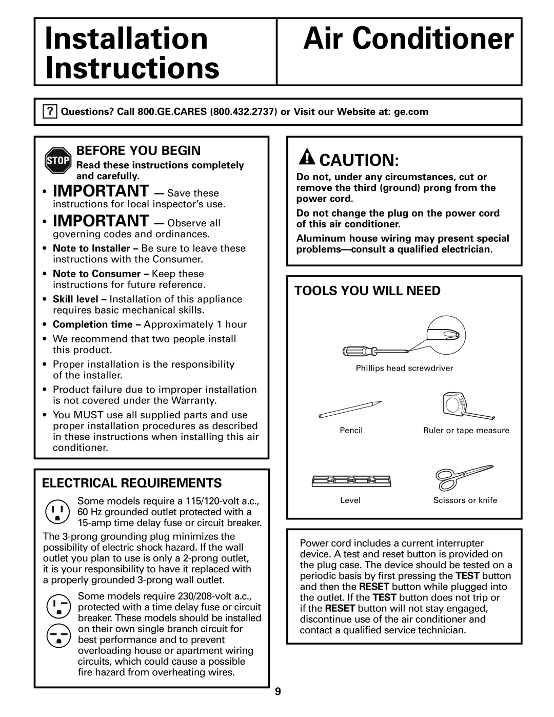 GE ASM06* installation instructions IMPORTANT - Save these, Installation Instructions, Air Conditioner 