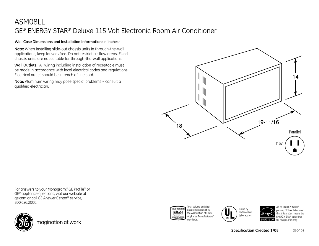 GE ASM08LL dimensions 19-11/16, Parallel, Wall Case Dimensions and Installation Information in inches 