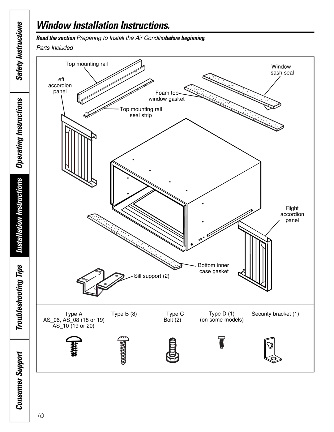 GE ASD06, ASM10, ASM08 operating instructions Window Installation Instructions 