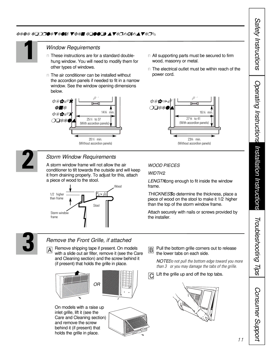 GE ASM08, ASM10, ASD06 Safety Instructions Operating, Storm Window Requirements, Remove the Front Grille, if attached 