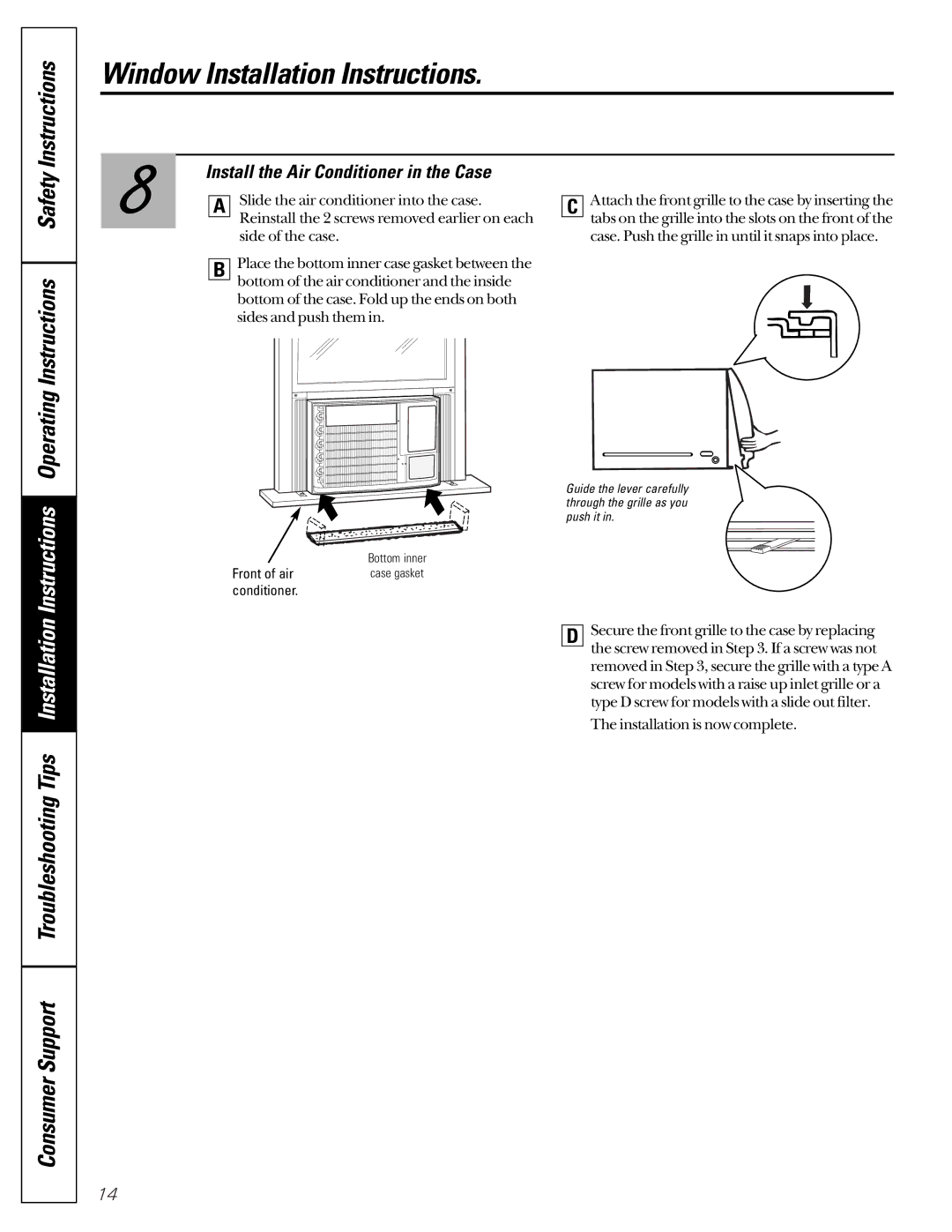 GE ASM08, ASM10, ASD06 operating instructions Operating Instructions Safety, Install the Air Conditioner in the Case 