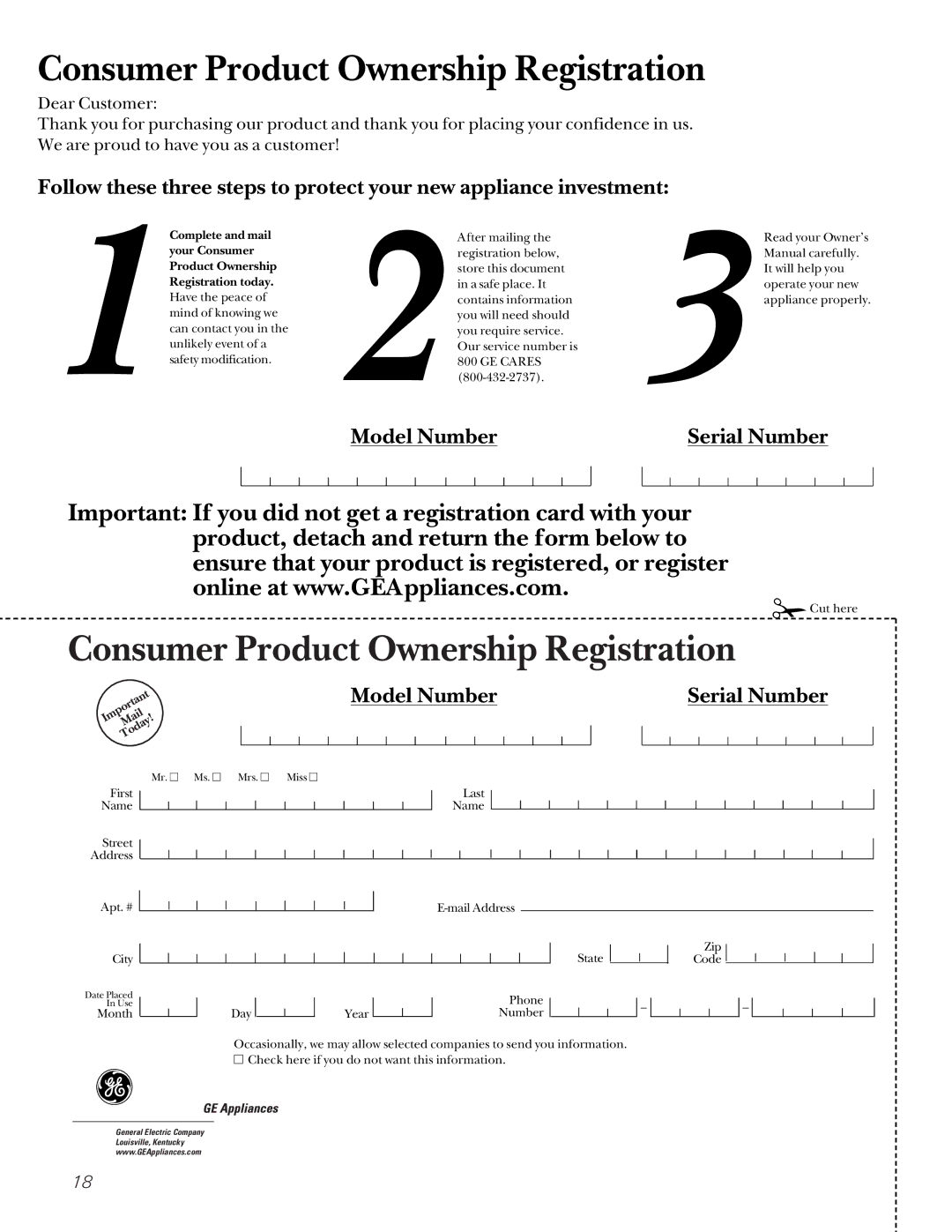 GE ASM10, ASD06, ASM08 operating instructions Consumer Product Ownership Registration 