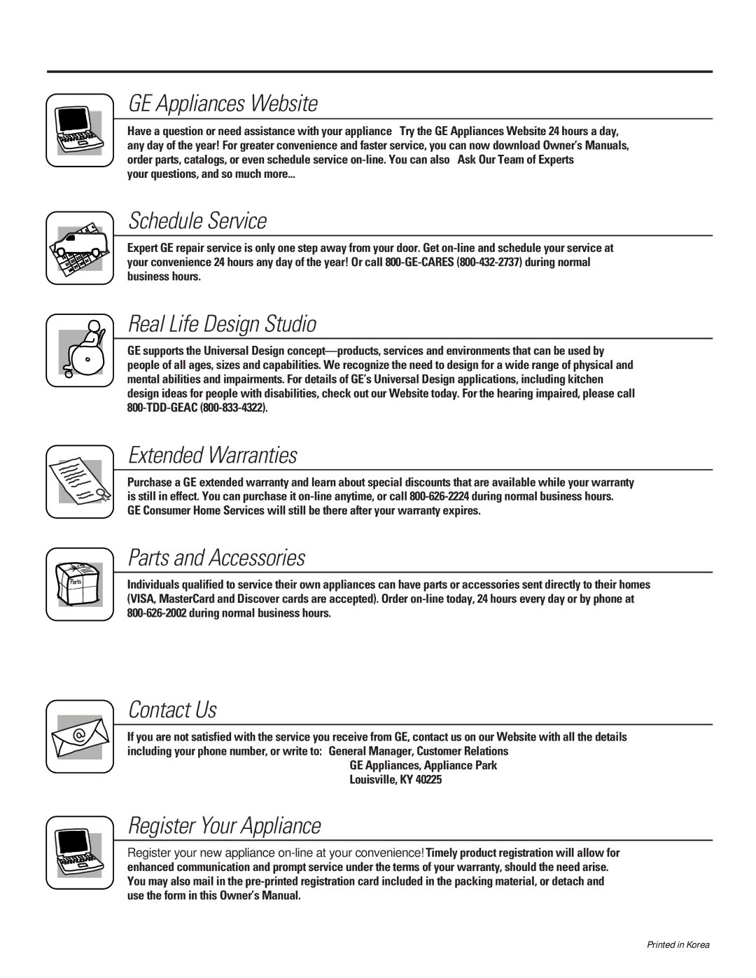 GE ASM08, ASM10 Consumer Support GE Appliances Website, Schedule Service, Real Life Design Studio, Extended Warranties 