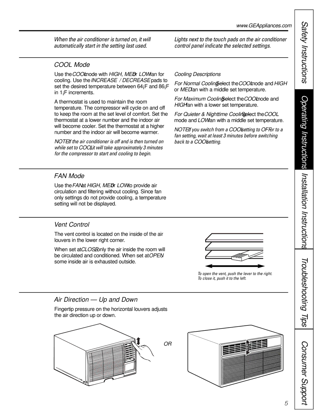 GE ASM08, ASM10, ASD06 Cool Mode, FAN Mode, Vent Control, Air Direction Up and Down, Cooling Descriptions 