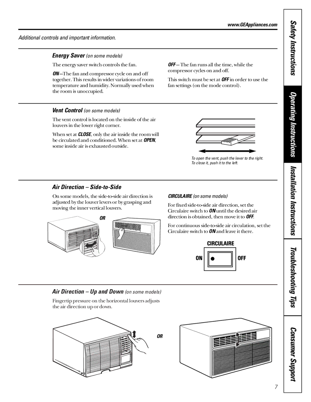 GE ASD06, ASM10, ASM08 Safety, Tips Consumer Support, Instructions Troubleshooting, Air Direction Side-to-Side 