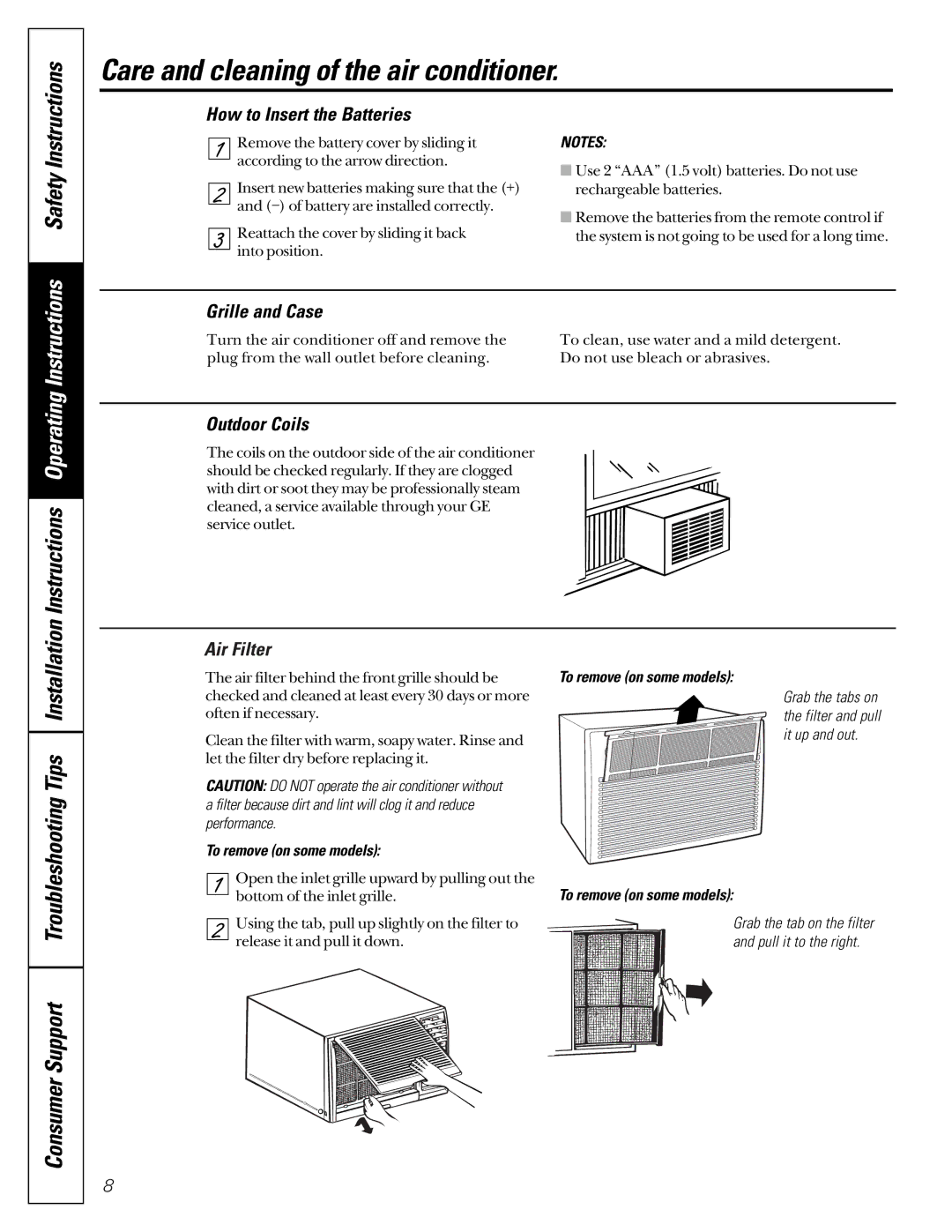 GE ASM08, ASM10 Care and cleaning of the air conditioner, Consumer Support Troubleshooting, How to Insert the Batteries 