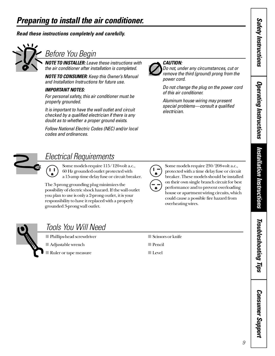 GE ASM10, ASD06, ASM08 operating instructions Preparing to install the air conditioner, Operating Instructions 