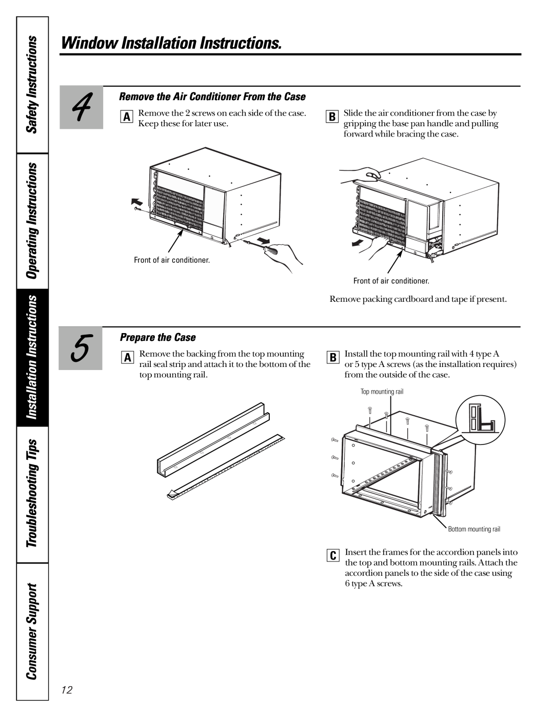GE ASM10, ASD06 Operating Instructions Safety Instructions, Remove the Air Conditioner From the Case, Prepare the Case 