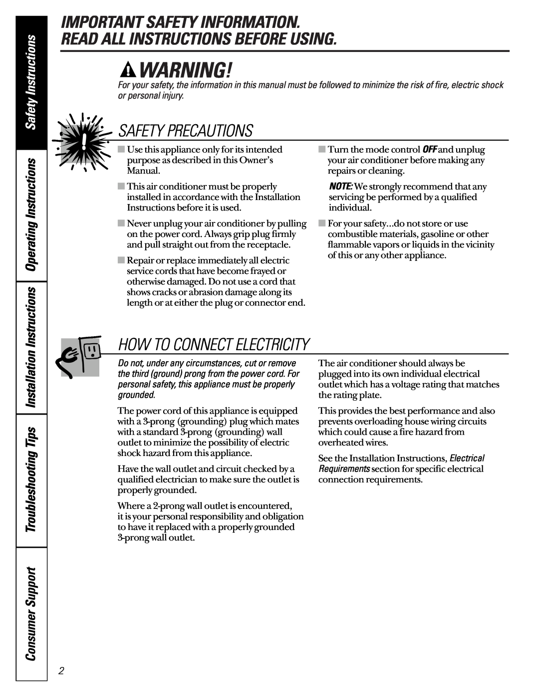 GE ASM08 Important Safety Information, Read All Instructions Before Using, Safety Precautions, How To Connect Electricity 
