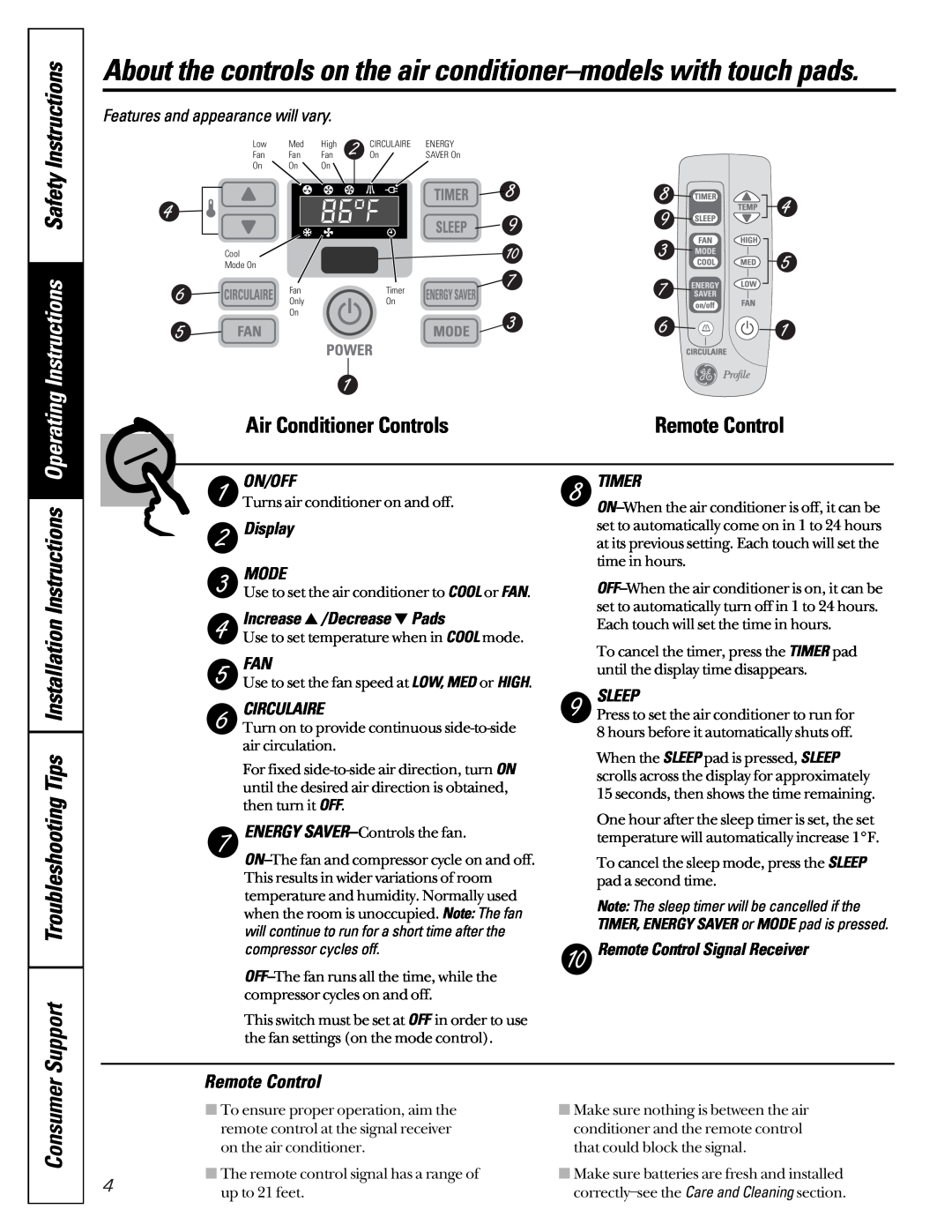 GE ASD06 Operating Instructions Safety Instructions, Consumer, Remote Control, On/Off, Display MODE, Circulaire, Timer 