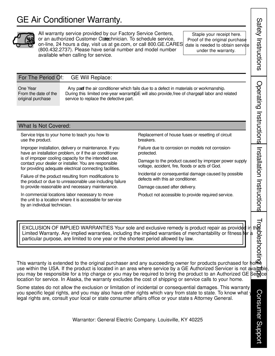 GE ASM24*, ASM14*, ASQ18 GE Air Conditioner Warranty, Installation Instructions, GE Will Replace, What Is Not Covered 