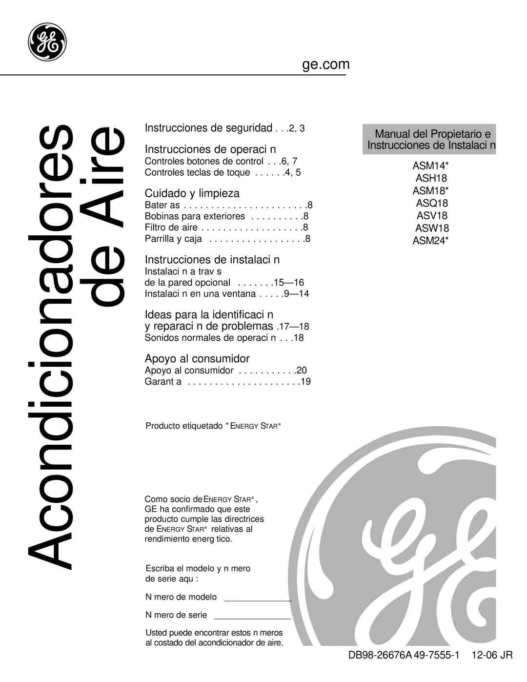 GE ASM14*, ASM24*, ASQ18 installation instructions Acondicionadores de Aire 