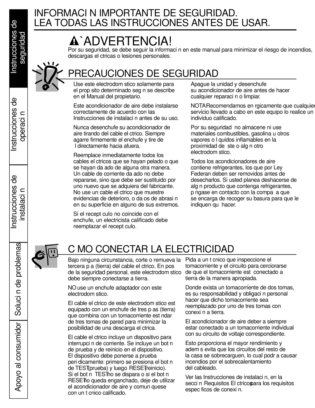 GE ASM24*, ASM14*, ASQ18 installation instructions Instrucciones de Seguridad, Instrucciones de Operación Instalación 