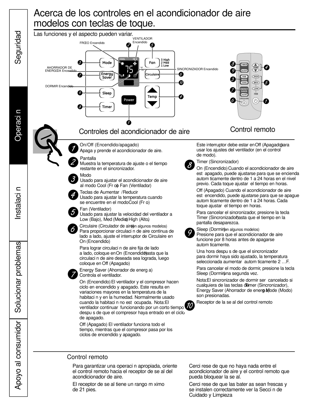 GE ASM14*, ASM24*, ASQ18 Seguridad, Instalación Consumidor Solucionar problemas, Apoyo al, Control remoto 