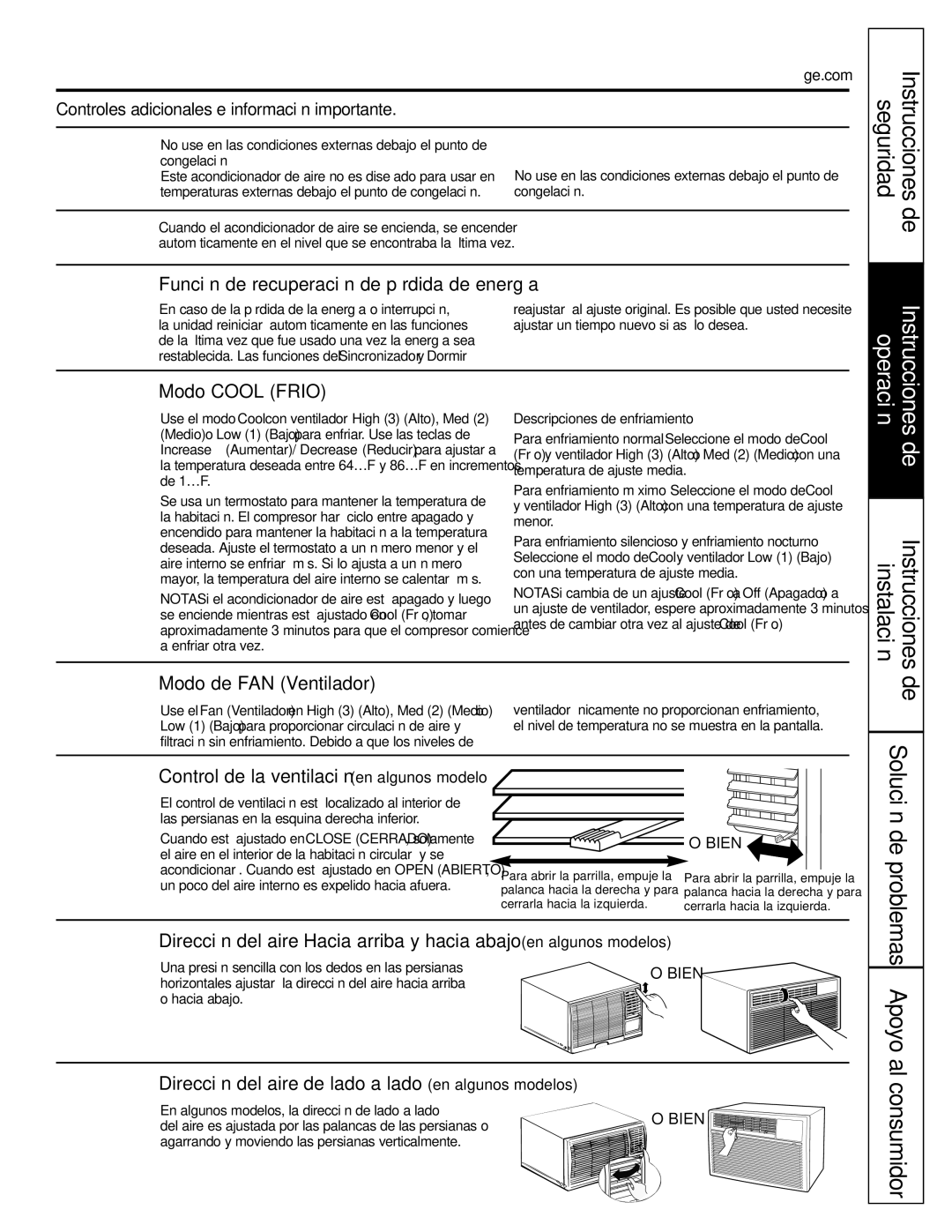 GE ASM24*, ASM14*, ASQ18 Función de recuperación de pérdida de energía, Modo Cool Frio, Modo de FAN Ventilador 