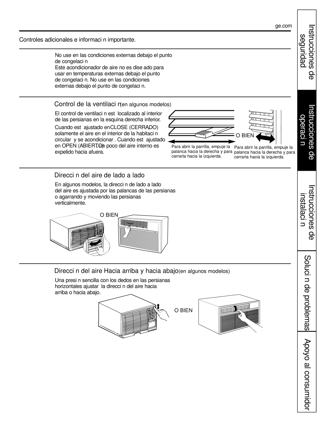 GE ASM14*, ASM24*, ASQ18 Dirección del aire-de lado a lado, Control de la ventilación en algunos modelos 