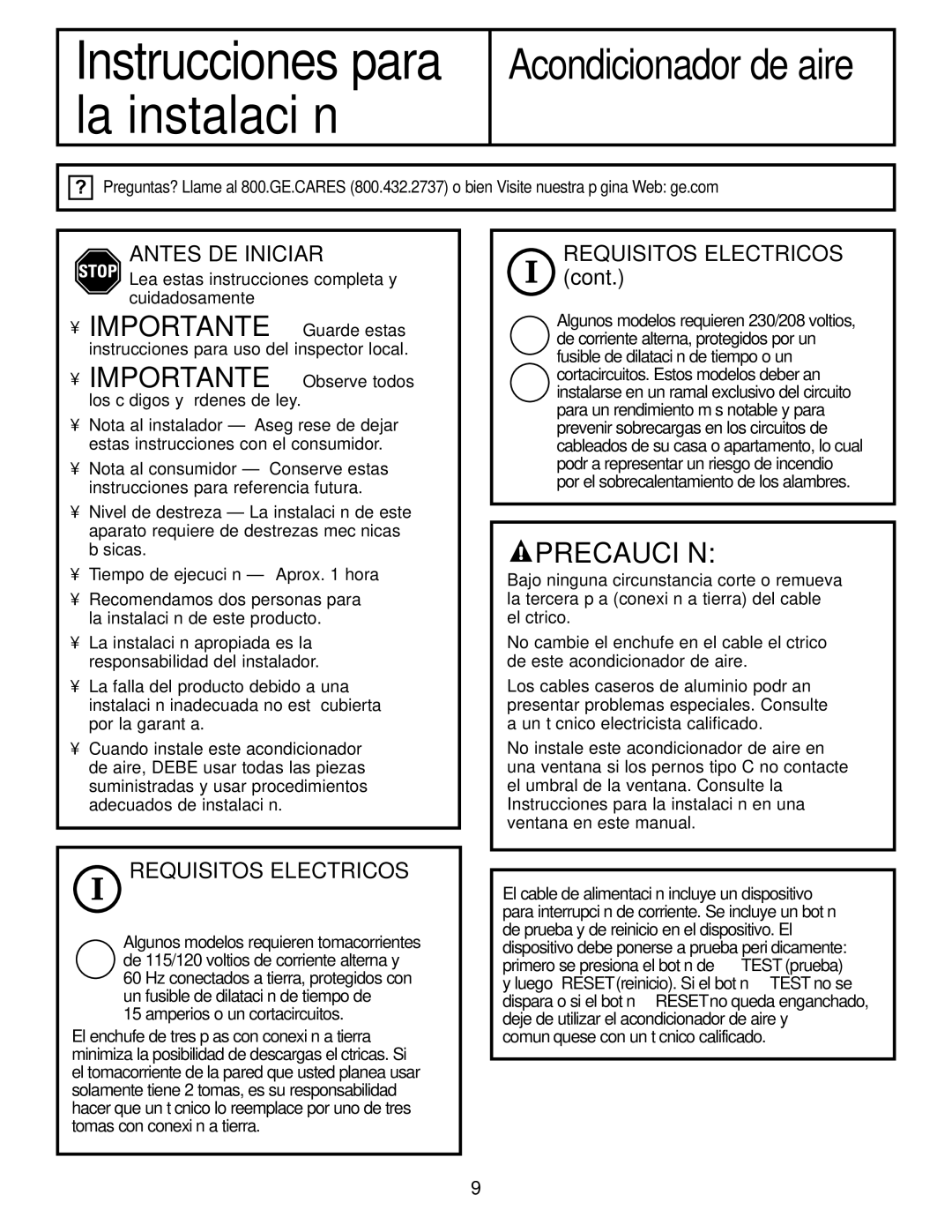 GE ASQ18, ASM14*, ASM24* installation instructions Antes DE Iniciar, Requisitos Electricos 