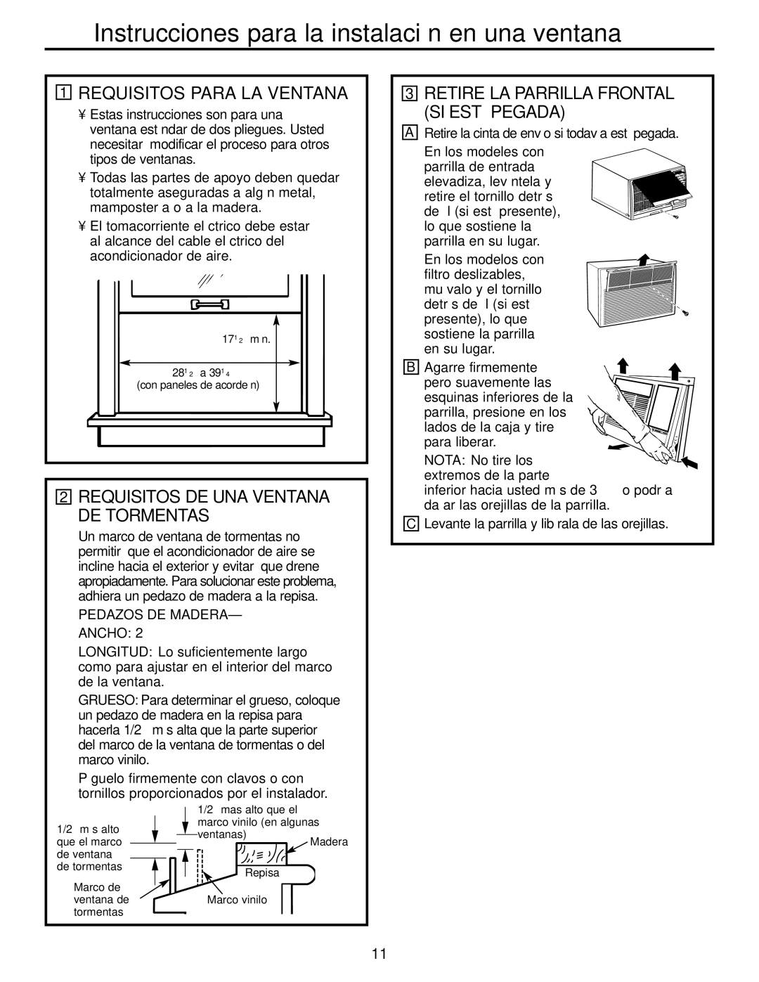 GE ASM24* Requisitos Para LA Ventana, Requisitos DE UNA Ventana DE Tormentas, Retire LA Parrilla Frontal SI Está Pegada 