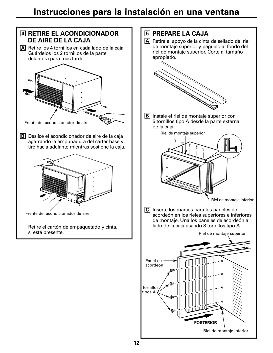 GE ASQ18, ASM14*, ASM24* installation instructions Prepare LA Caja, Retire EL Acondicionador DE Aire DE LA Caja 