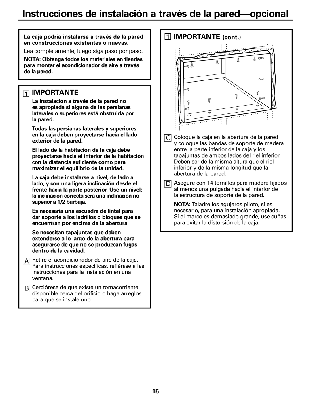 GE ASQ18, ASM14*, ASM24* installation instructions Instrucciones de instalación a través de la pared-opcional, Importante 