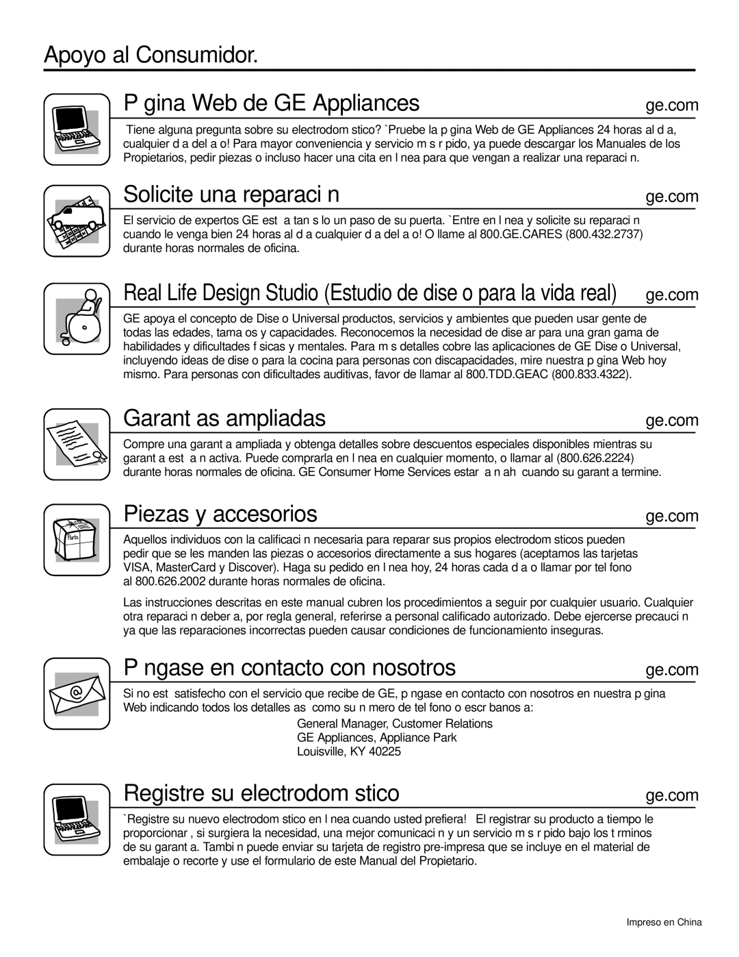 GE ASM24*, ASM14*, ASQ18 Apoyo al Consumidor Página Web de GE Appliances, Solicite una reparación, Garantías ampliadas 