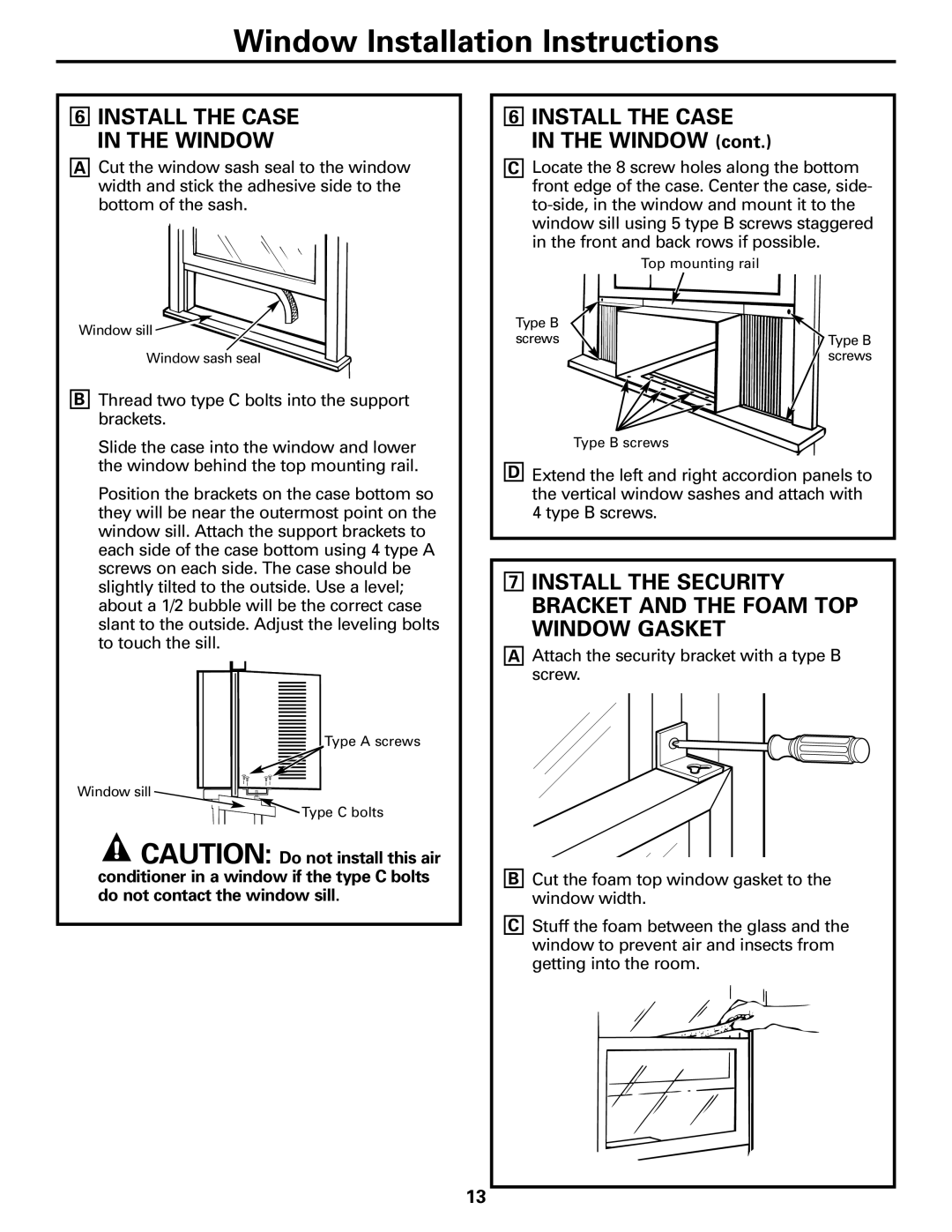 GE ASM24*, ASM14*, ASQ18 installation instructions 6INSTALL THE CASE IN THE WINDOW cont, Window Installation Instructions 