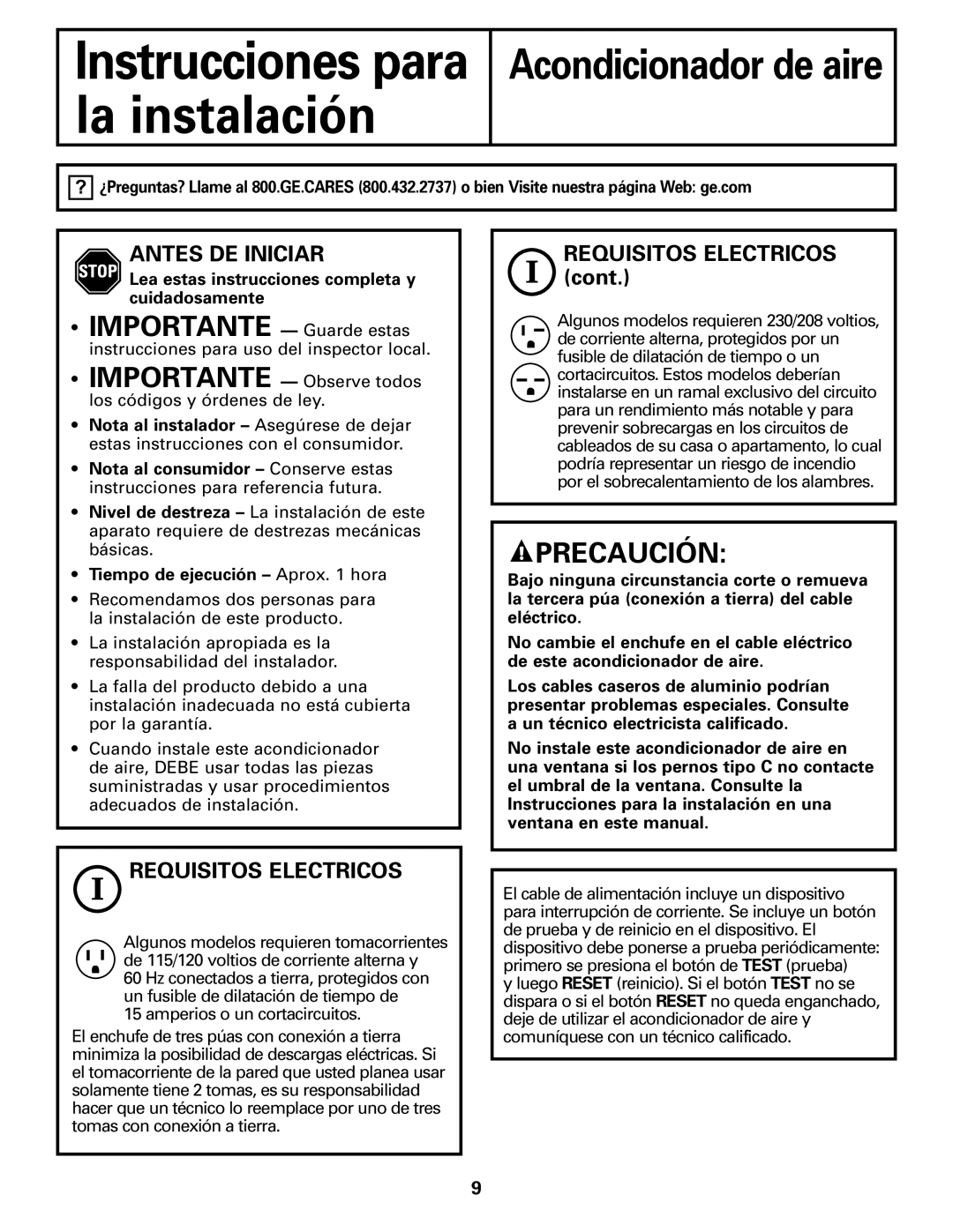 GE ASQ18, ASM14* Precaución, Antes De Iniciar, Requisitos Electricos, REQUISITOS ELECTRICOS cont, Acondicionador de aire 