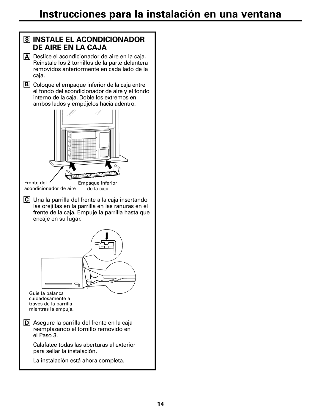 GE ASM24*, ASM14*, ASQ18 Instale El Acondicionador De Aire En La Caja, Instrucciones para la instalación en una ventana 