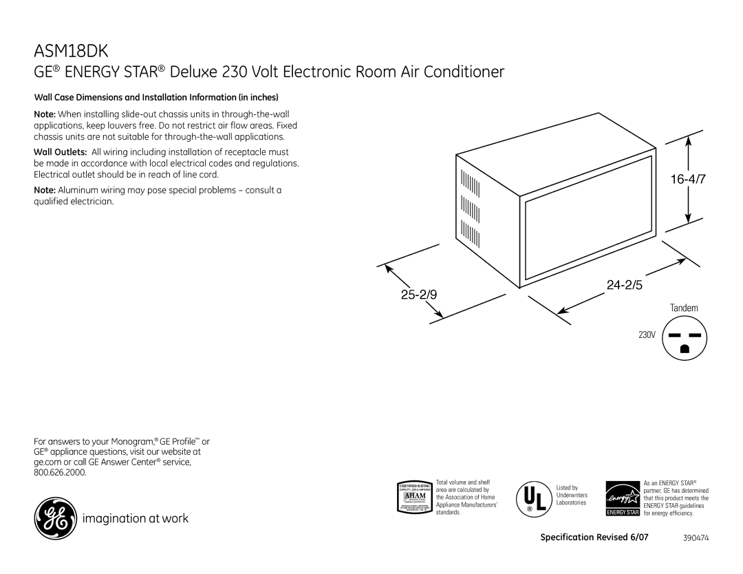 GE ASM18DK dimensions 25-2/9 16-4/7 24-2/5, Tandem, Wall Case Dimensions and Installation Information in inches 